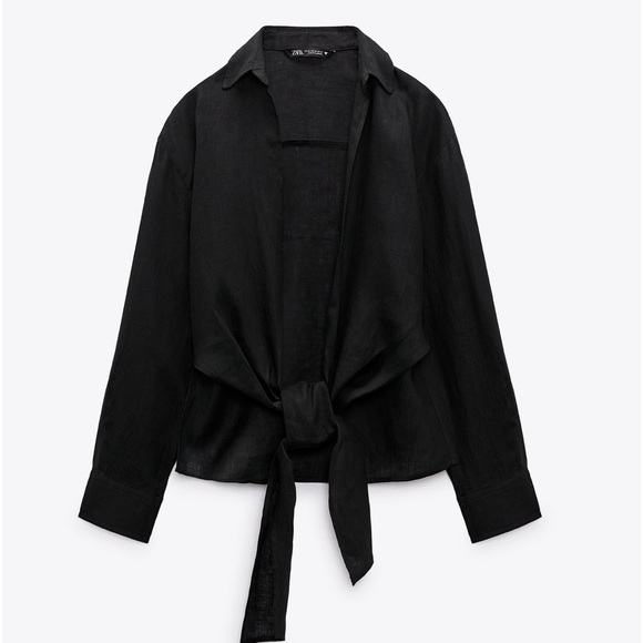 Zara NWT Black Linen Shirt With Knot size S - Picture 6 of 8